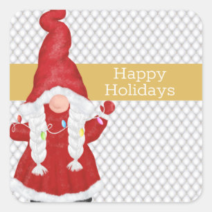 Sticker Carré Noël mignonne Fille Gnome Vacances