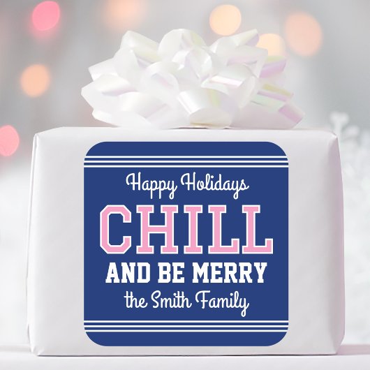 Sticker Carré Noël Nom de famille Typographie Marine Rose