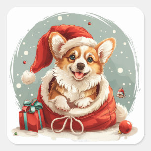 Sticker Carré Noël Pembroke Welsh Corgi Puppy
