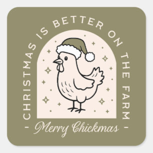 Sticker Carré Noël poulet ferme maison campagne vert