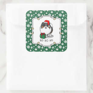 Sticker Carré Noël Santa Hat Pomeranian (tri-couleur) mignonne