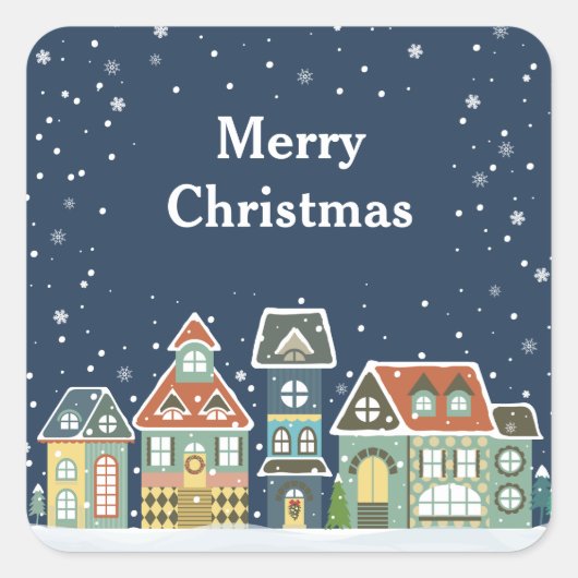 Sticker Carré Noël Soirée Village d'hiver Scène (Devant)