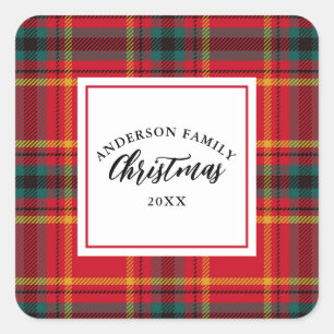 Sticker Carré Noël Tartan Plaid Nom de famille Année