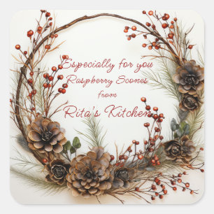 Sticker Carré Noël Twig Wreath Red Berries Pinecones