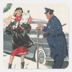 Sticker Carré Noël Vintage, Achats Cadeaux Policier