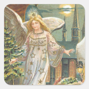 Sticker Carré Noël vintage, Ange victorien avec arbre