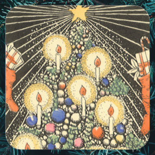 Sticker Carré Noël vintage, arbre avec bougies et une étoile