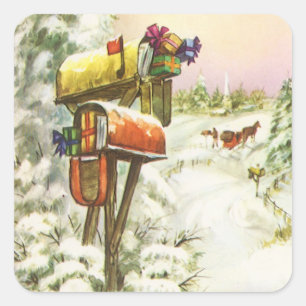 Sticker Carré Noël vintage, boîtes aux lettres dans un paysage h