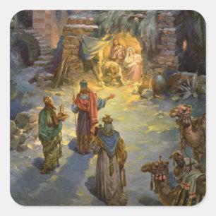 Sticker Carré Noël vintage de la Nativité avec la visite des Mag
