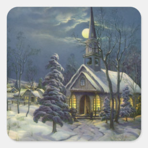 Sticker Carré Noël vintage, église d'hiver dans la neige avec la