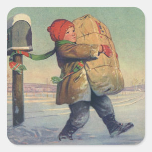 Sticker Carré Noël vintage, enfant avec gros colis