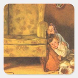 Sticker Carré Noël vintage enfants attendant le Père Noël