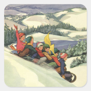 Sticker Carré Noël vintage, enfants faisant de la luge sur une m