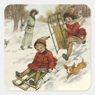 Sticker Carré Noël vintage, enfants victoriens faisant de la lug
