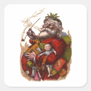 Sticker Carré Noël vintage, jouets en pipe de Père Noël victorie