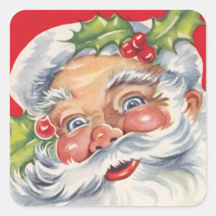 Sticker Carré Noël vintage, joyeux Père Noël avec son chapeau