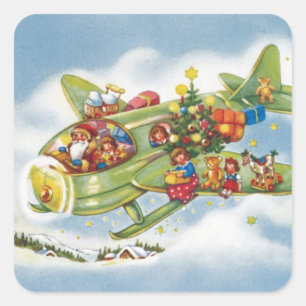 Sticker Carré Noël vintage, le Père Noël pilotant un avion