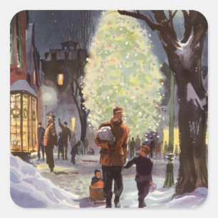 Sticker Carré Noël vintage, père faisant des achats avec les enf