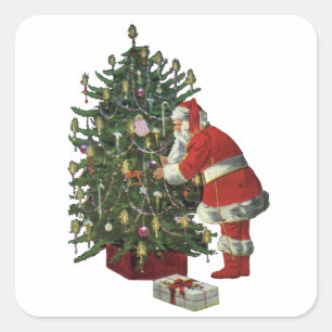 Sticker Carré Noël vintage, Père Noël avec cadeaux