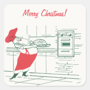 Sticker Carré Noël vintage, Père Noël chef et dinde