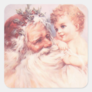 Sticker Carré Noël Vintage Père Noël Holding Enfant