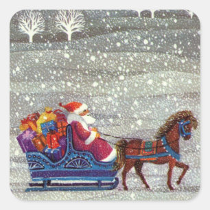 Sticker Carré Noël vintage, Père Noël traîneau ouvert tiré par u