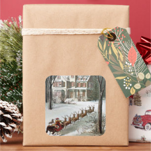 Sticker Carré Noël vintage, Saint Nicolas avec rennes