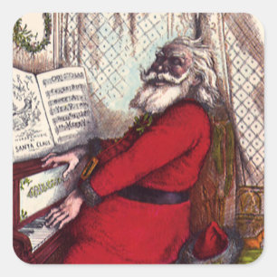 Sticker Carré Noël vintage, Thomas Nast Père Noël au piano