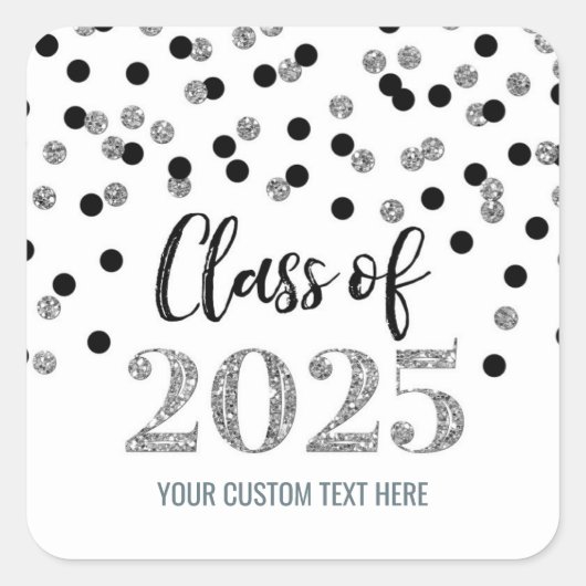 Sticker Carré Noir Argent Confetti Graduation 2025 (Devant)