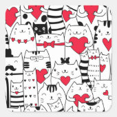 Sticker Carré Noir Blanc Cute Chat Coeur Rouge (Devant)
