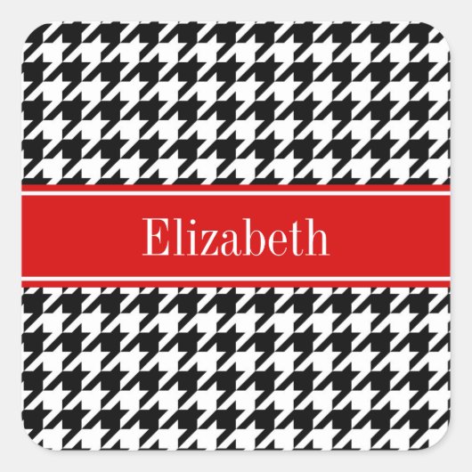 Sticker Carré Noir Blanc Houndstooth Nom rouge Monogramme (Devant)