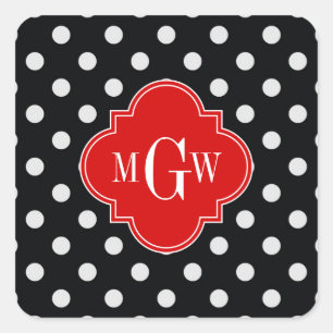 Sticker Carré Noir Blanc Pois Rouge Quatrefoil 3 Monogramme
