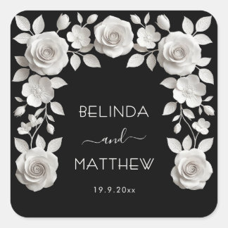 Sticker Carré Noir et blanc Roses florales 3D | Mariage