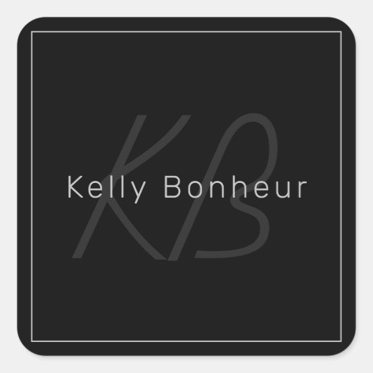 Sticker Carré Noir et gris moderne | Nom et monogramme du Cool (Devant)