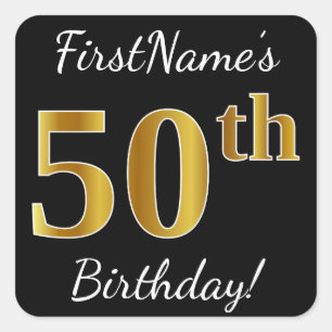 Sticker Carré Noir, Faux Gold 50e anniversaire + Nom personnalis