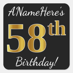 Sticker Carré Noir, Faux Gold 58e anniversaire + Nom personnalis