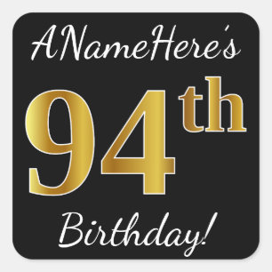 Sticker Carré Noir, Faux Gold 94e anniversaire + Nom personnalis