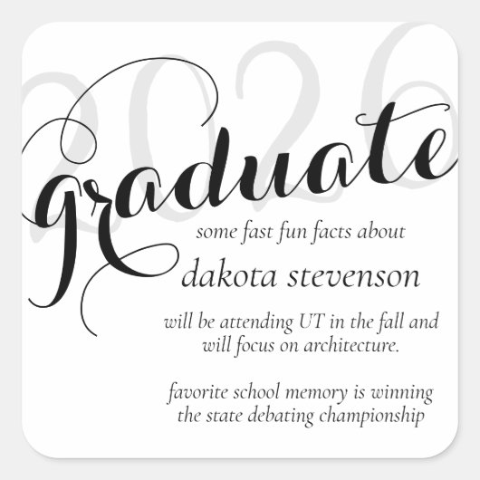 Sticker Carré Noir minimal Moderne Script Graduation Fun Faits (Devant)