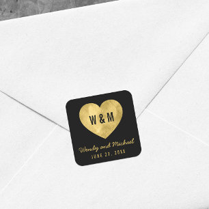 Sticker Carré Noir & Or Coeur Monogramme Enregistrer le Mariage 