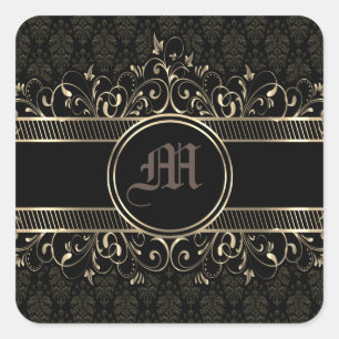 Sticker Carré Noir & Or Ornate Gothique Monogramme