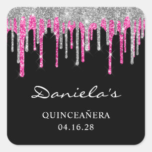 Sticker Carré Noir Quinceañera Rose Chaud Pailleté Argenté Goutt