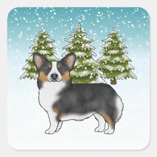 Sticker Carré Noir Tri Pembroke Corgi Forêt d'hiver Noël (Devant)