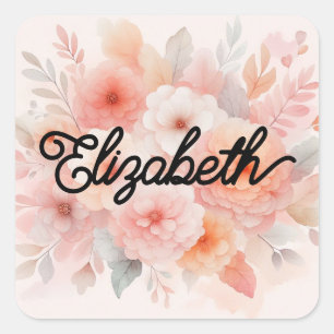 Sticker Carré Nom Aquarelle florale en pastels doux pêche floue