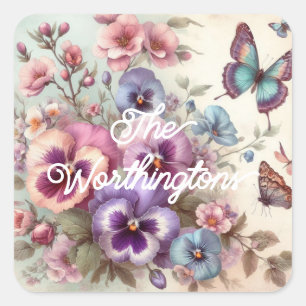 Sticker Carré Nom Aquarelle Vintages Pansies Fleurs Pastels