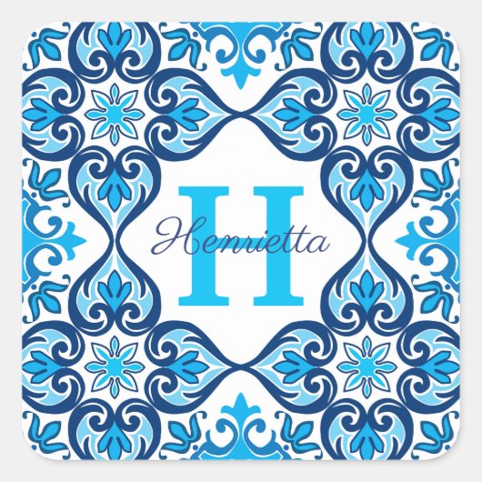 Sticker Carré 💙 🤍 Nom + bleu initial - blanc Azulejos X, (Devant)