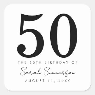Sticker Carré Nom Date Noir Blanc Cinquante 50e Anniversaire