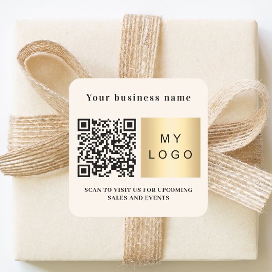 Sticker Carré nom de l'entreprise logo beige code qr