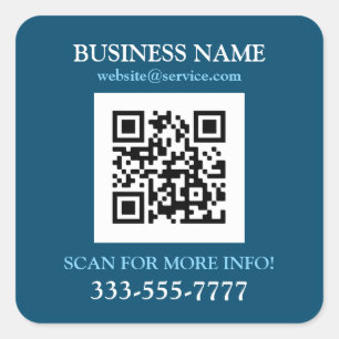 Sticker Carré Nom de l'entreprise Promo, Code QR, Bleu Océan et