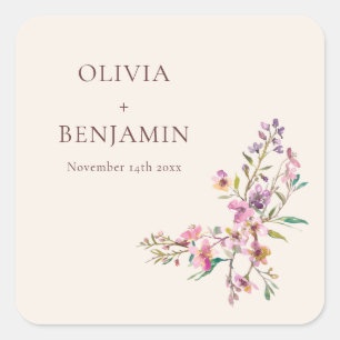 Sticker Carré Nom de mariage boho Fleur sauvage rose violet capr