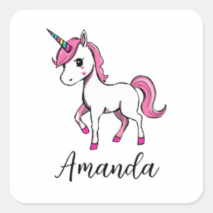 Sticker Carré Nom du dessin animé Cute Pink Unicorn